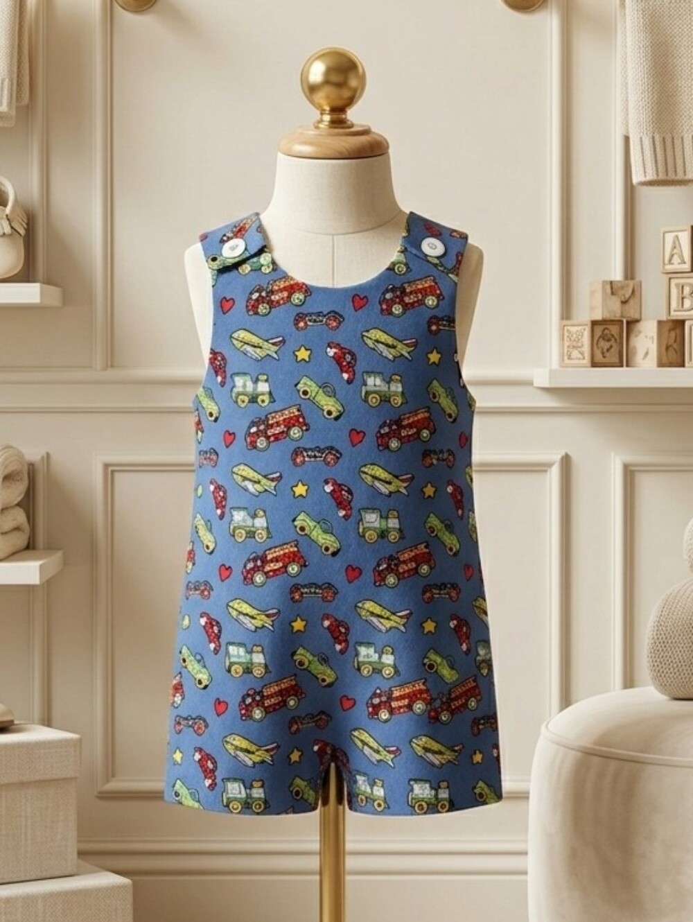 Handmade Blue Baby Romper with Truck Print Sz 12M